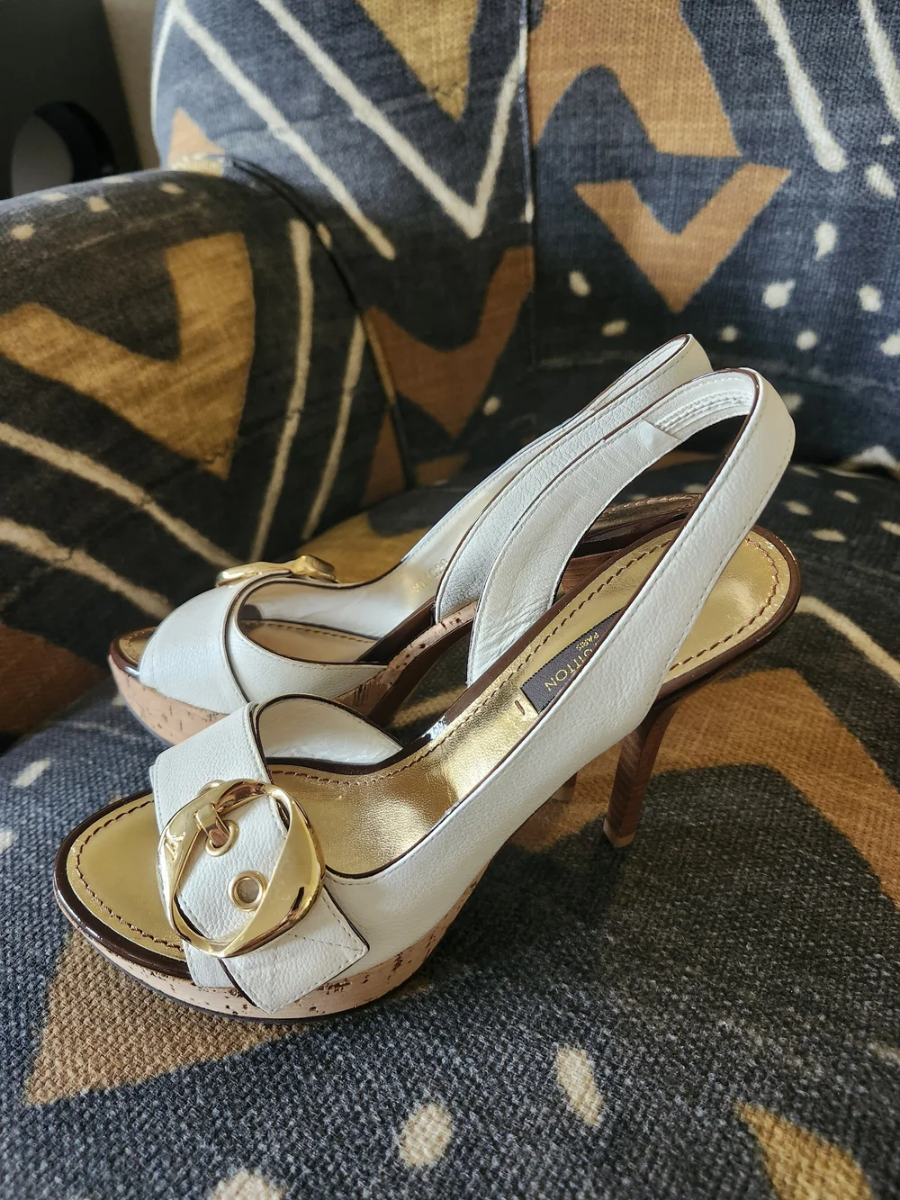 Louis Vuitton White Leather & Cork Platform Heels - Size 34 2009 Near Mint